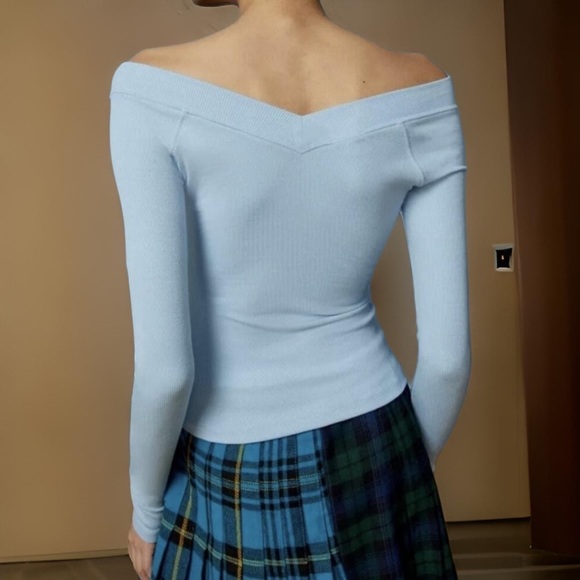 NWOT BDG Urban Outfitters Blue Ribbed V-Neck Shannen Top Size L - Picture 4 of 7